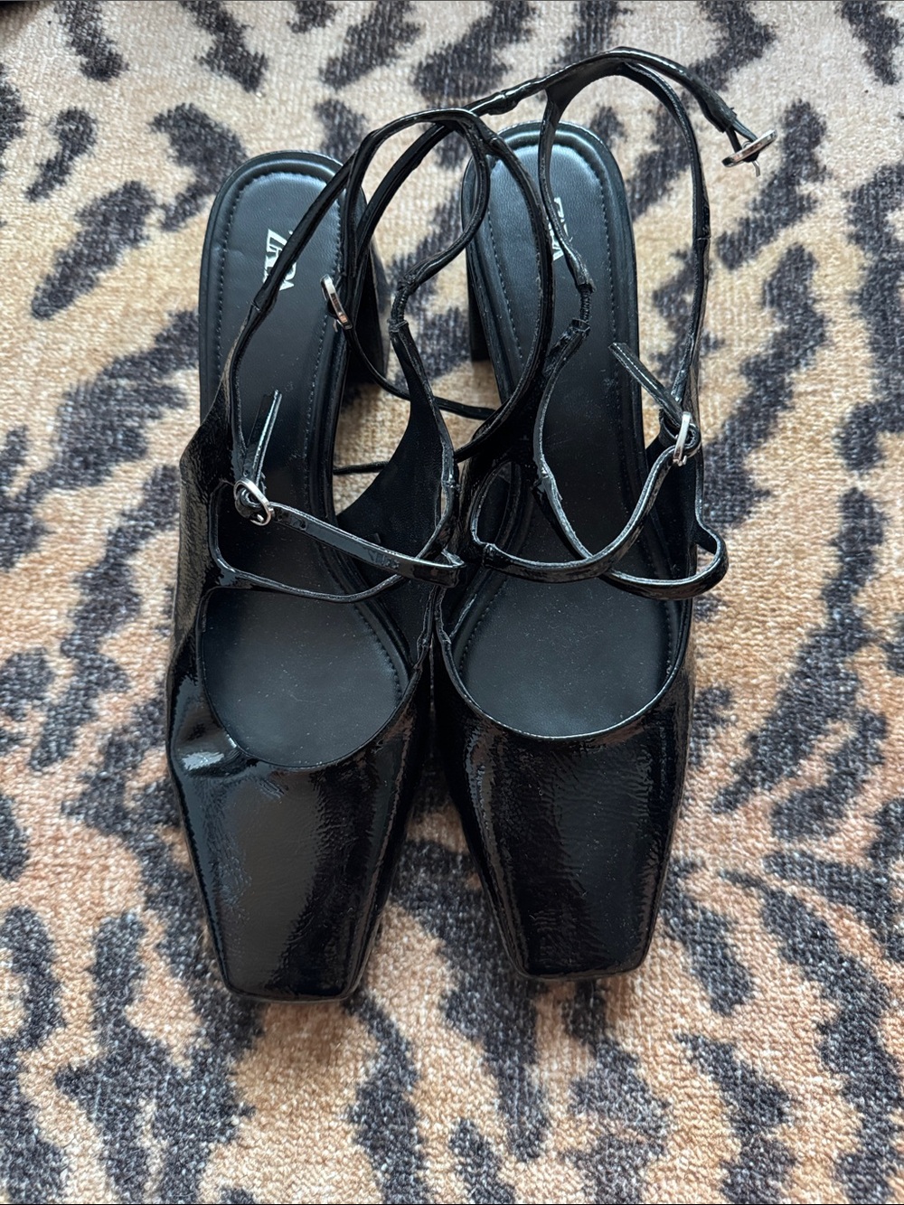 Zara Black Patent Square-Toe Slingback Heels with Strappy Ankles